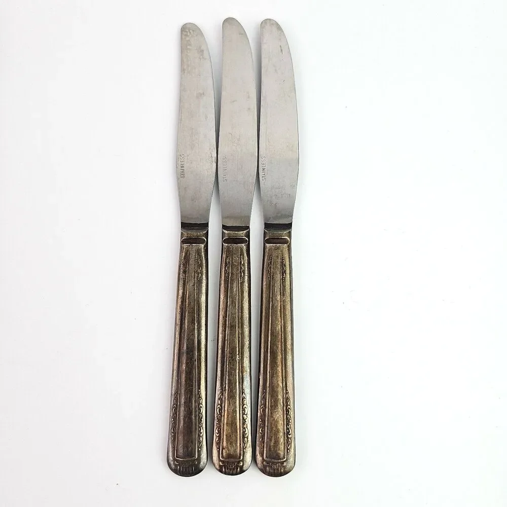 Vintage Silverplate Knife Set of 3 Vertical Ridge Engrave Flowers Vines